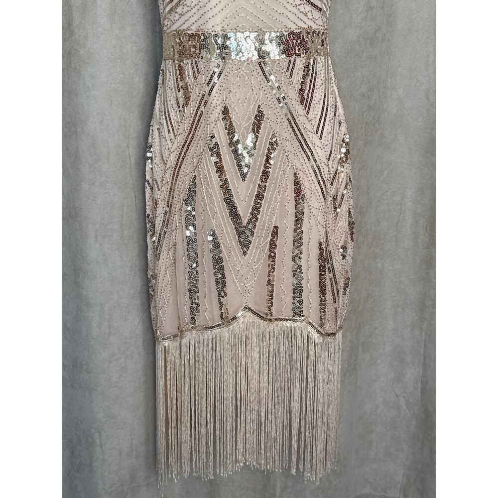 Unique Vintage Blush Pink Sequin Fringe V Neck Flapper Dress M NWOT - Picture 4 of 8